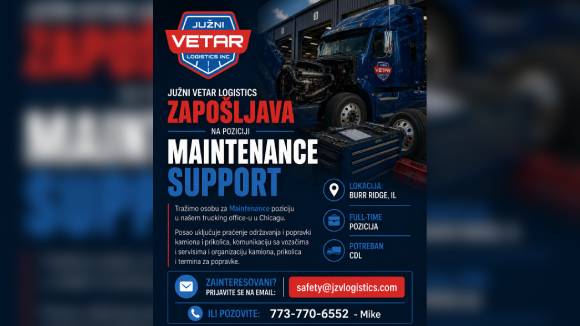Juzni Vetar Logistics zaposljava na poziciji Maintenance Support